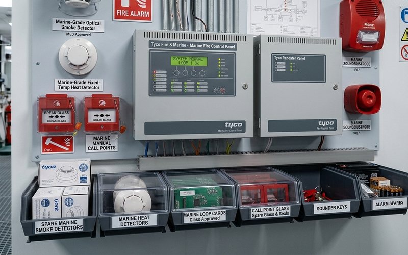 Marine fire detection panel with optical smoke and fixed-temperature heat detectors, manual call points, sounder strobes and spare parts trays