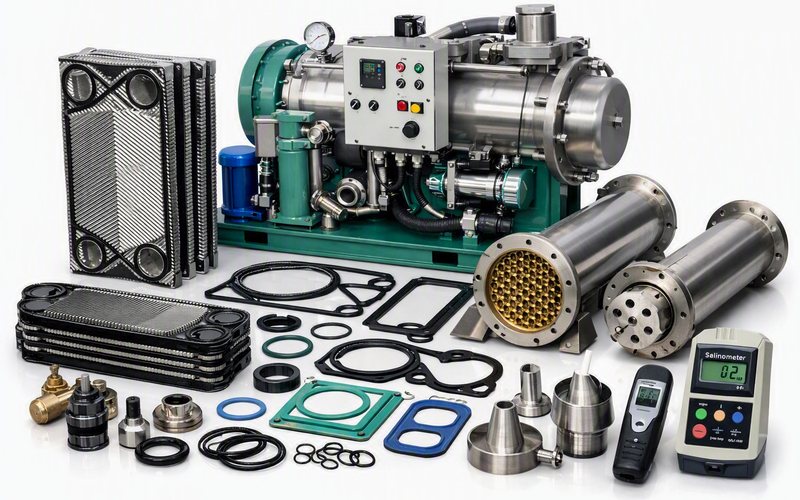 Fresh water generator plate pack, shell and tube condenser, gaskets and salinity meter