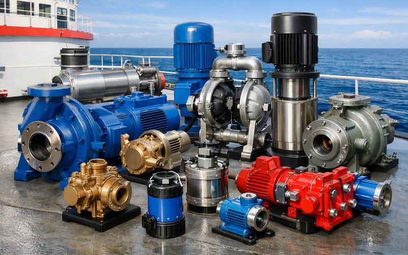 Centrifugal, screw, gear, diaphragm and vertical multistage marine pumps arranged on deck