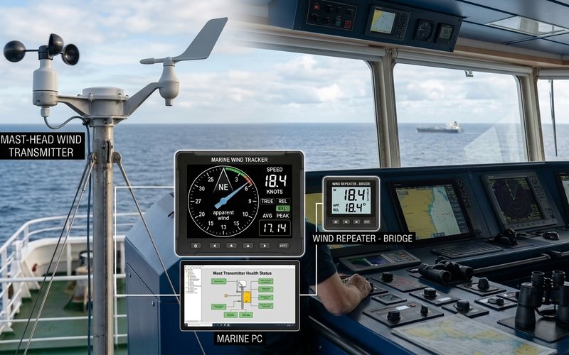 Mast-head wind transmitter with bridge wind speed and direction repeater displays