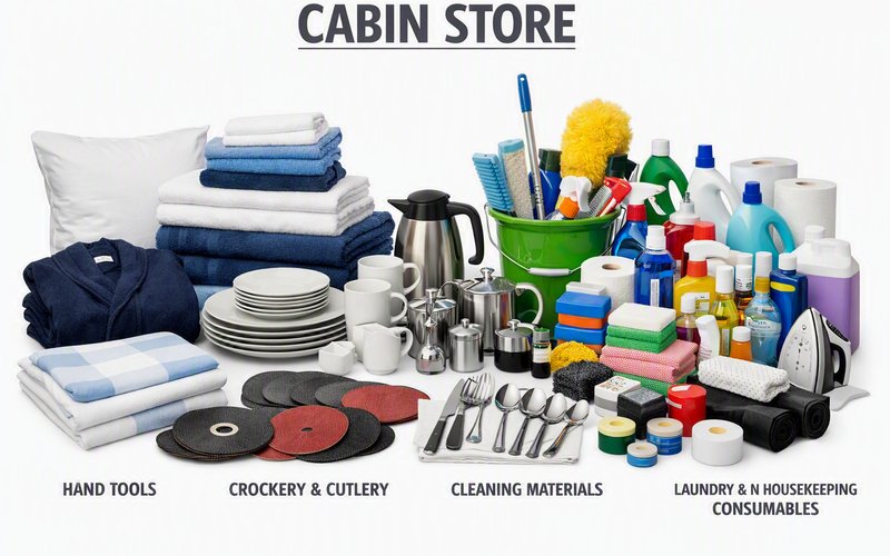 Cabin stores: bed linen and towels, crockery and cutlery, vacuum jugs, cleaning materials, detergents and housekeeping consumables