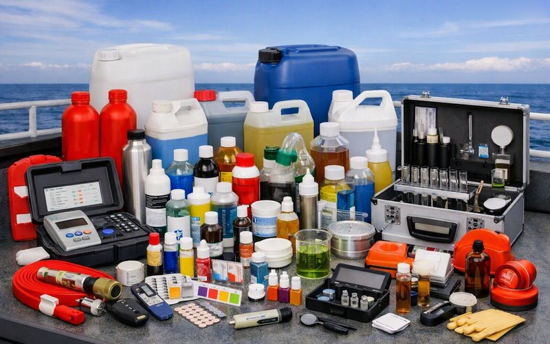 Marine chemicals on deck: treatment drums and jerricans, reagent bottles, water and oil test kits, colour comparator charts and sampling equipment