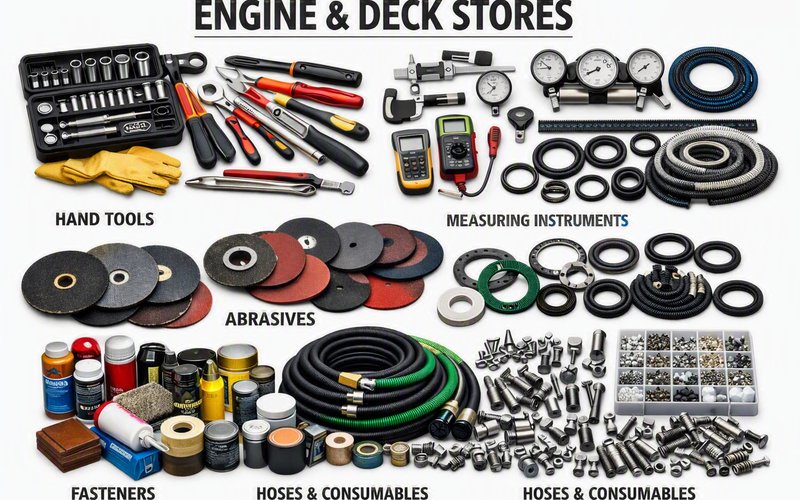 Hand tools, measuring instruments, abrasive discs, gaskets, hoses, paints and fasteners held as engine and deck stores