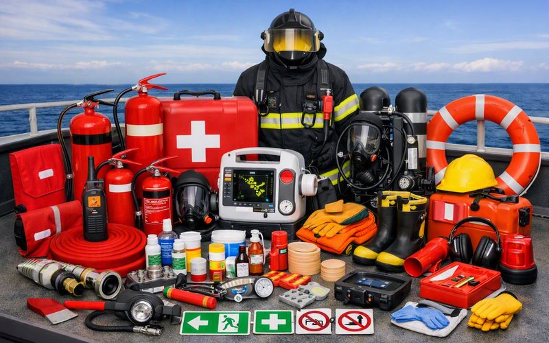 Fire and safety stores on deck: extinguishers, fire hose and nozzles, a fireman's outfit, breathing apparatus, first aid case, lifebuoy, PPE and safety signage