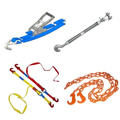 Cargo lashing equipment including webbing straps, chains and load binders