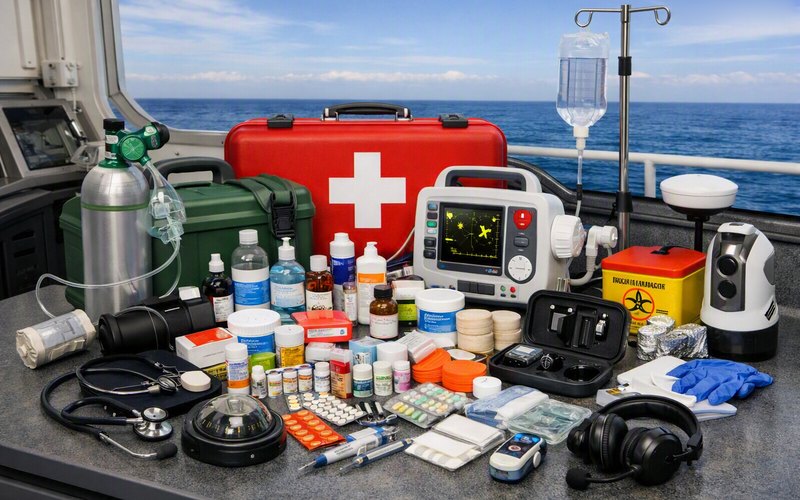 Ship medical stores laid out on deck: medical chest, oxygen set, defibrillator, IV stand, pharmaceuticals, dressings and diagnostic instruments
