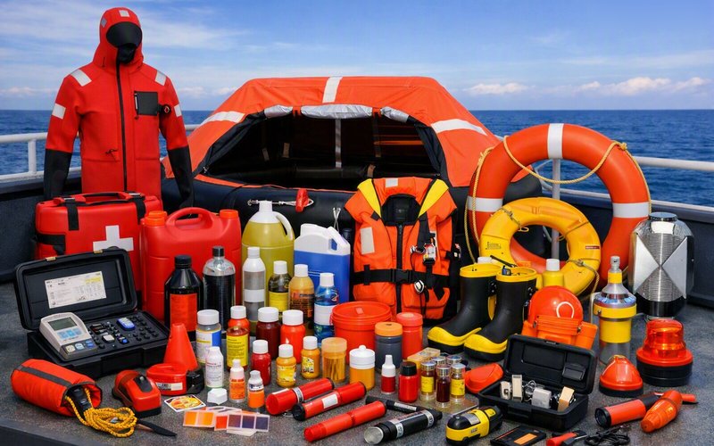 Life saving appliances on deck: immersion suit, inflated liferaft, lifejackets and lifebuoys, distress flares and smoke signals, lanterns and emergency torches